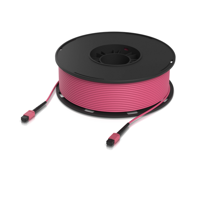 Bobina negra con cable de fibra óptica rosa MPO-12 OM4 LSZH