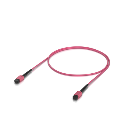 Cable de fibra óptica rosa OM4 MPO-12 con conectores negros y enganches rosados sobre fondo blanco