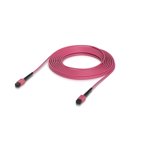 Cable de fibra óptica OM4 rosa enrollado con conectores MPO-12 y fundas negras