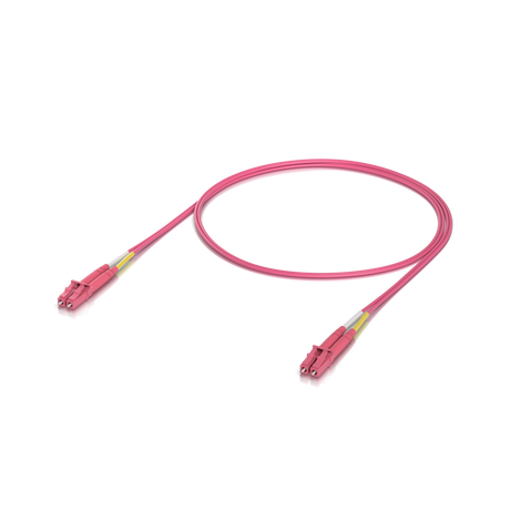 Cable de salto fibra óptica OM4 rosa con conectores LC y fundas amarillas sobre fondo blanco