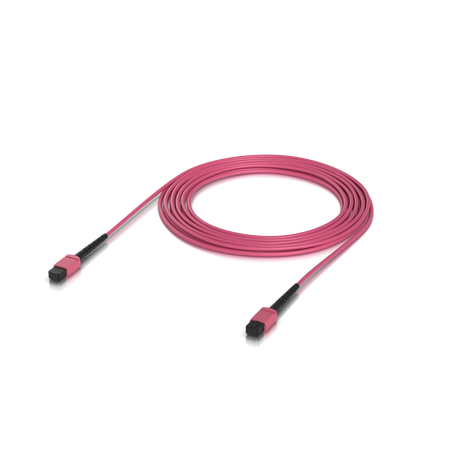 Cable de fibra óptica rosa enrollado con conectores MPO-12 y fundas negras contra tensión