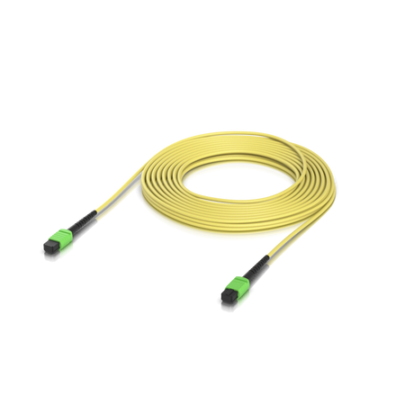 Cable saltador amarillo MPO-MPO de 10 metros con conectores verdes y fundas negras sobre fondo blanco