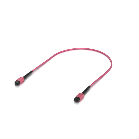 Cable saltador rosa OM4 MPO-12 con conectores negros y fundas de protección sobre fondo blanco