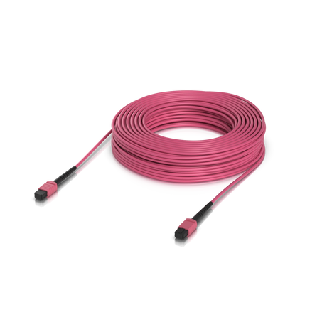 Cable de salto rosa MPO-12 OM4 con conectores negros y carcasa rosa sobre fondo blanco