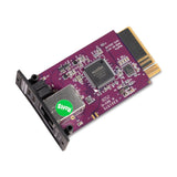 Vista superior de circuito impreso morado con chip central y conector PCIe dorado