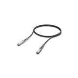 Bucle circular de cable directo negro UniFi con cabezales rectangulares grises y texto técnico visible
