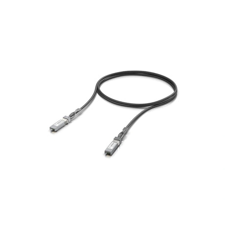Bucle circular de cable directo negro UniFi con cabezales rectangulares grises y texto técnico visible