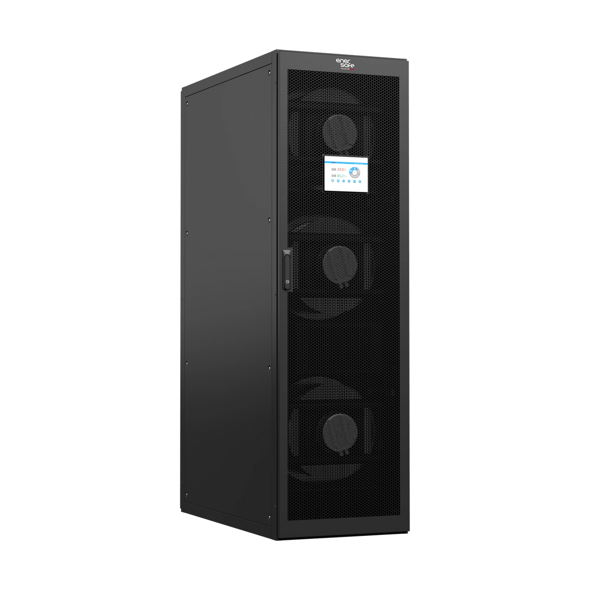 Unidad de climatización inrow negra con rejilla frontal, tres ventiladores circulares y pantalla táctil LCD para datacenters