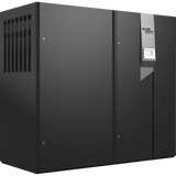 Unidad de climatización industrial negra vista desde atrás con rejilla lateral y panel de control vertical plateado