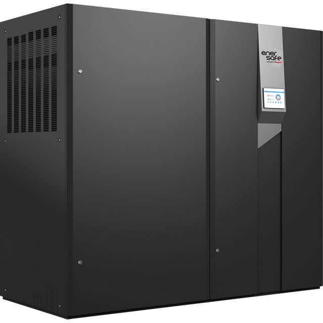 Unidad de climatización industrial negra vista desde atrás con rejilla lateral y panel de control vertical plateado