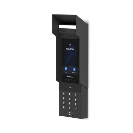 Cobertura solar UA-Intercom en acero galvanizado negro mate con visera protectora sobre pantalla táctil y teclado numérico