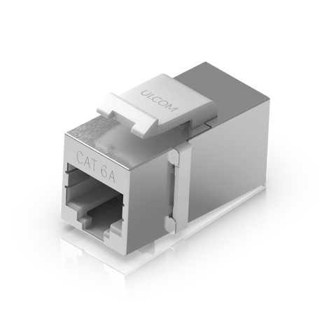 Conector de acoplamiento RJ45 Cat6A en acero inoxidable cepillado con logotipo grabado