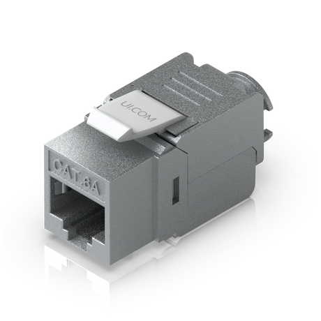 Conector RJ45 Cat6A metálico plateado con carcasa de aleación de zinc y pestaña blanca etiquetada
