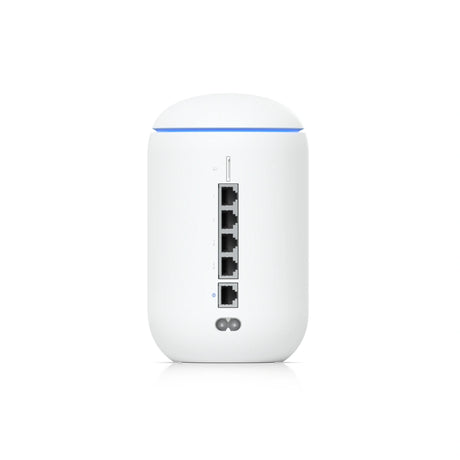 Vista directa trasera con cuatro puertos Gigabit, un puerto WAN dedicado y conector de alimentación dual.