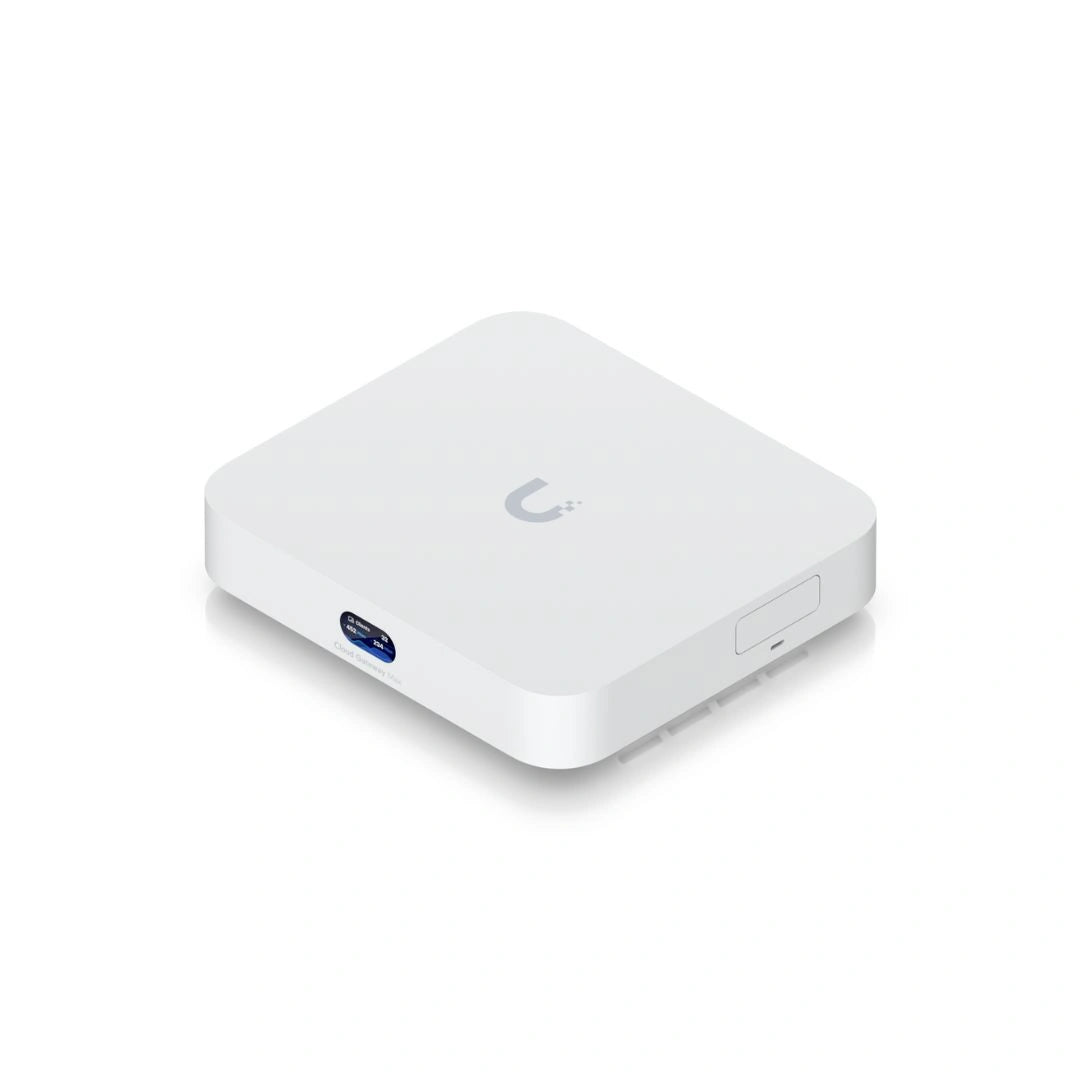 Vista isométrica superior del dispositivo UniFi mostrando logo gris 'U', pantalla frontal y perfil lateral