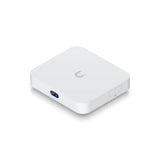 Vista isométrica superior del dispositivo UniFi mostrando logo gris 'U', pantalla frontal y perfil lateral