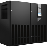 Unidad interior negra de climatización con rejillas laterales y panel LCD digital