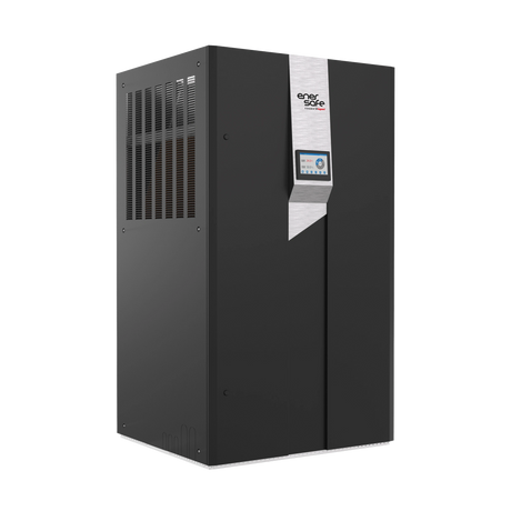 Unidad de climatización vertical negra con panel LCD y rejillas horizontales