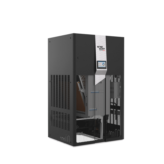Unidad de aire acondicionado perimetral negra con rejillas horizontales y panel frontal plateado