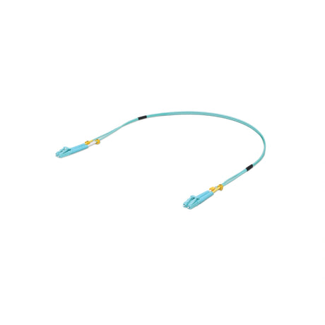 Vista extendida cable fibra óptica duplex azul con boots de tensión amarillos y marcadores negros