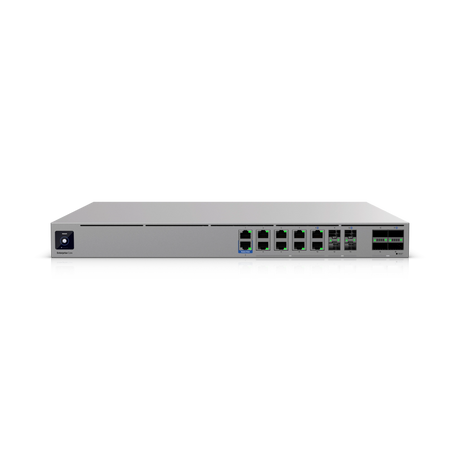 Vista frontal de firewall empresarial Ubiquiti con puertos SFP28 y QSFP28 sobre fondo blanco