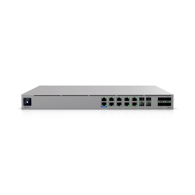 Vista frontal de firewall empresarial Ubiquiti con puertos SFP28 y QSFP28 sobre fondo blanco