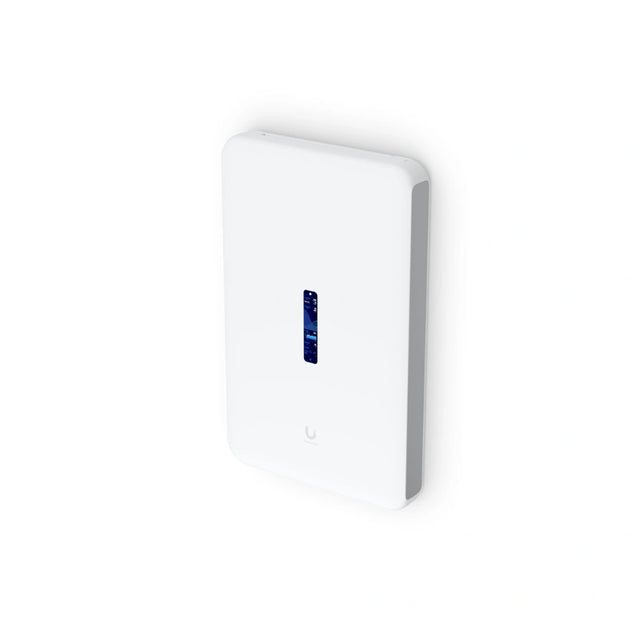 Dispositivo de red blanco con pantalla azul vertical iluminada y logotipo gris sobre fondo claro