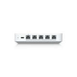 Panel trasero del firewall con cinco puertos Ethernet RJ45 numerados, puerto USB-C y botón de reinicio