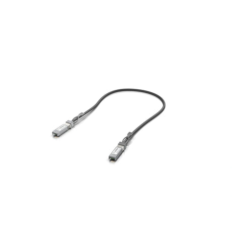 Curva en forma de U del cable flexible negro de 1 metro mostrando los dos enchufes SFP28 grises