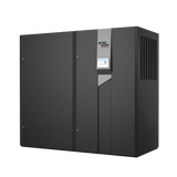Vista frontal del climatizador perimetral negro con pantalla LCD activa y branding visible para datacenters