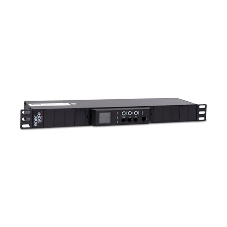 Vista frontal de una PDU negra horizontal con pantalla LCD, botones y puertos de red para monitoreo en rack.