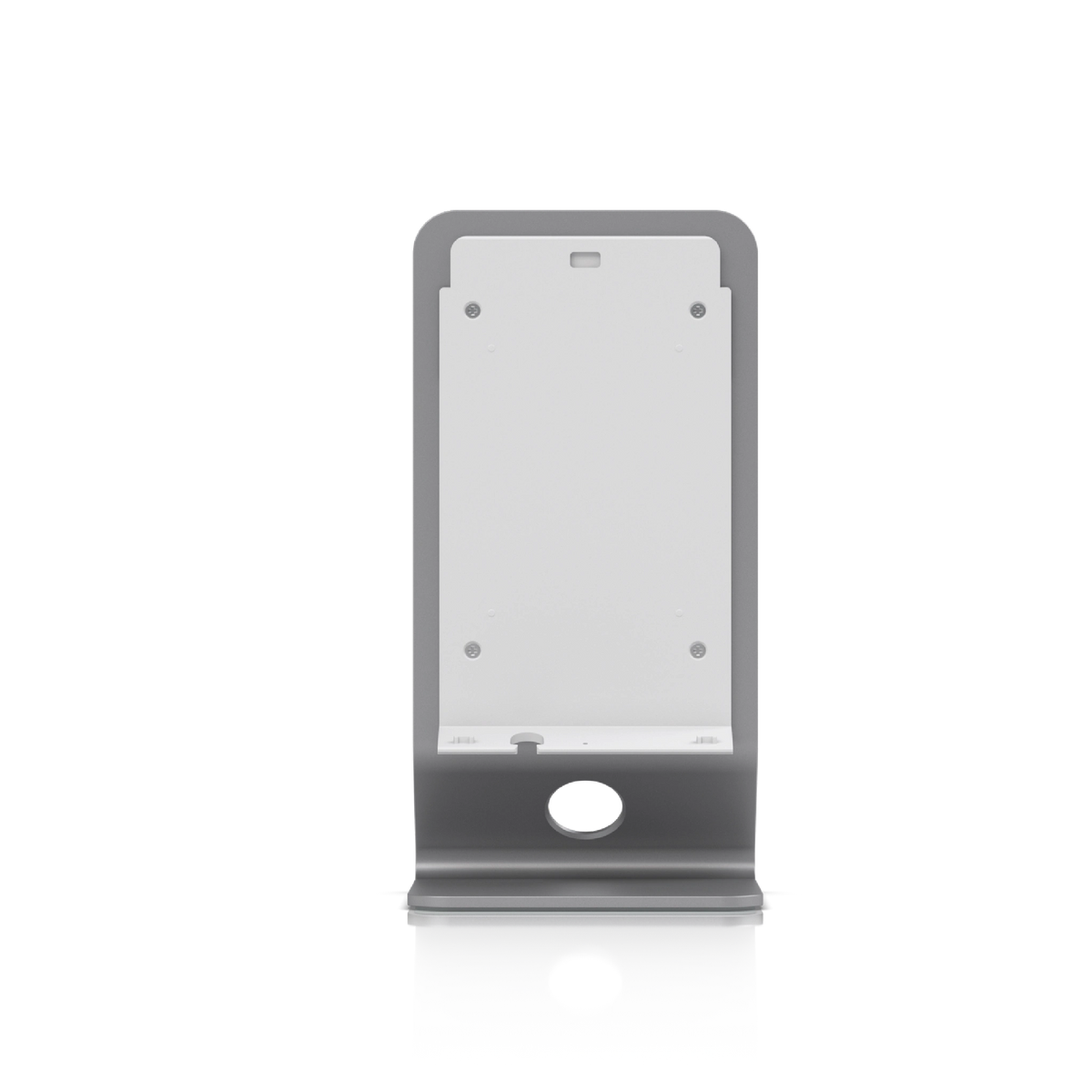 Vista frontal del bracket metálico con panel rectangular y base con corte