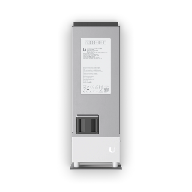 Vista trasera de fuente de poder redundante UniFi con carcasa de aluminio plateado y etiqueta blanca central