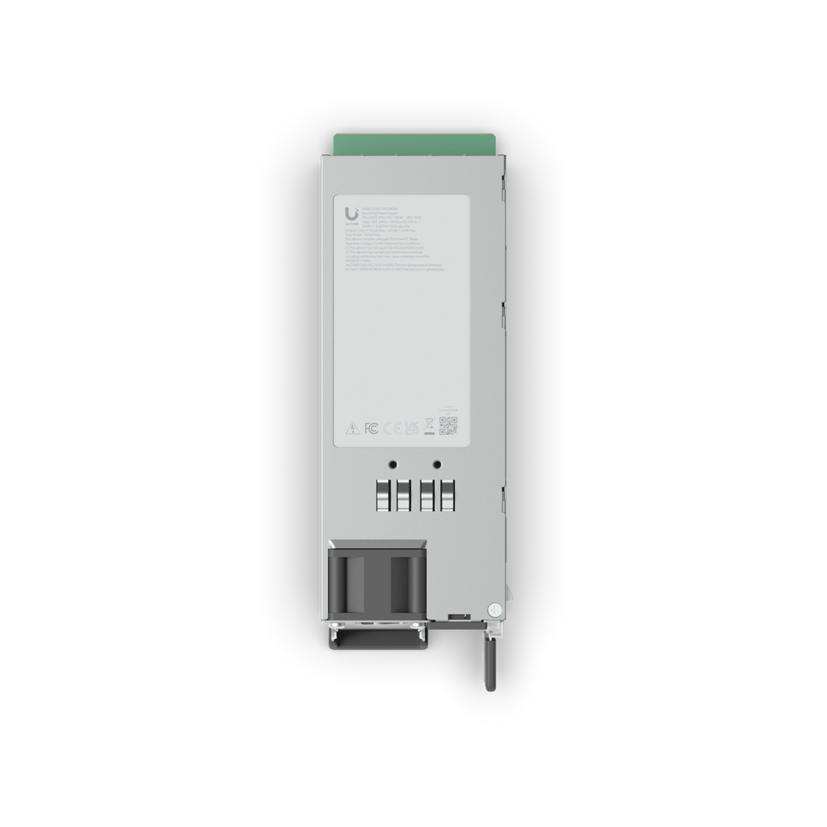 Fuente de poder UniFi PSU-1215 plateada con carcasa de acero SGCC y ranuras de ventilación horizontales