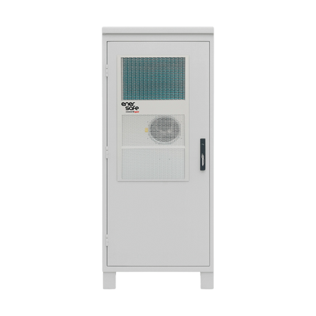 Gabinete eléctrico blanco exterior IP65 con panel de ventilación azul y ventilador circular integrado