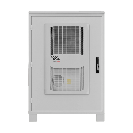 Gabinete eléctrico blanco exterior con rejillas de ventilación y logotipo Enersafe Legrand