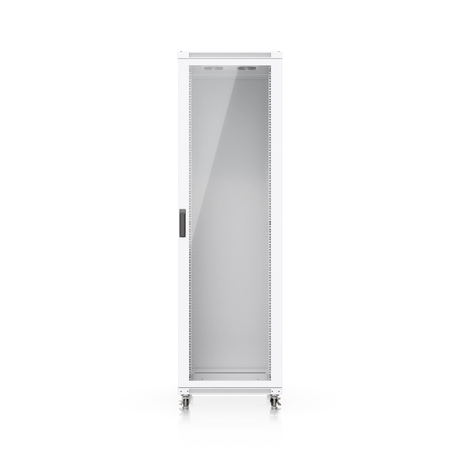 Gabinete rack 42U blanco con puerta de vidrio transparente, ruedas con cerradura y rejillas de ventilación integradas