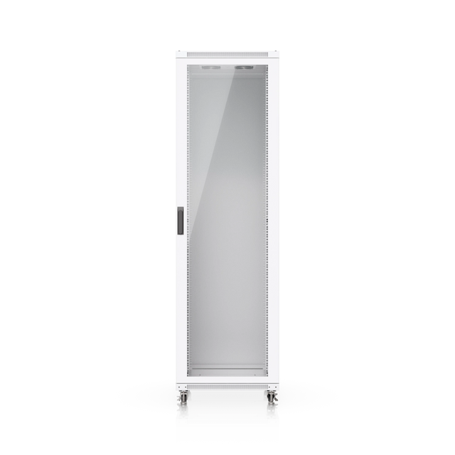 Gabinete rack 42U blanco con puerta de vidrio transparente, ruedas con cerradura y rejillas de ventilación integradas