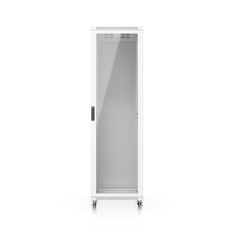 Gabinete rack 42U blanco con puerta de vidrio transparente, rejillas de ventilación y ruedas con cerradura