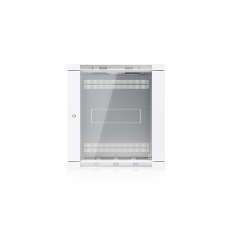 Gabinete rack de pared blanco con puerta de vidrio y rejillas de ventilación superior e inferior
