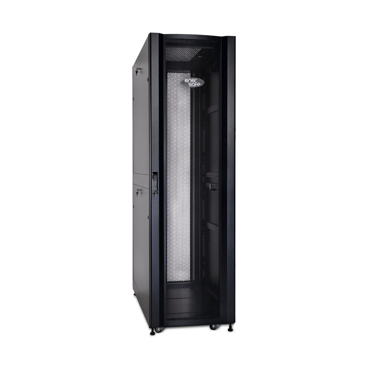 Gabinete de servidor negro con puerta perforada, cerraduras laterales y ruedas giratorias para movilidad