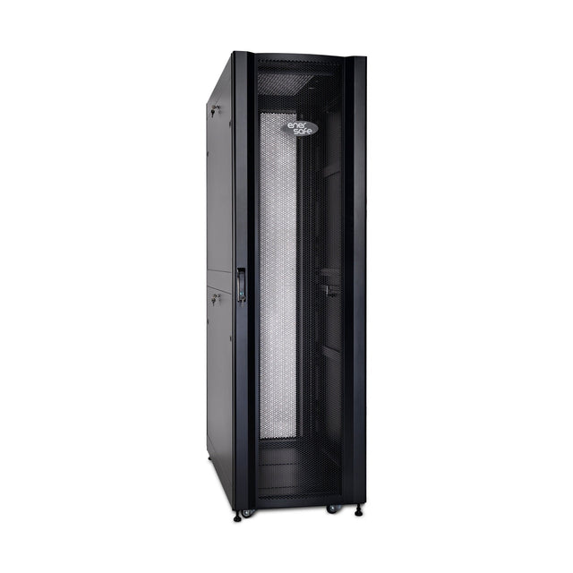 Gabinete de servidor negro con puerta perforada, cerraduras laterales y ruedas giratorias para movilidad
