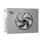 Componente exterior gris claro con ventilador circular protegido por reja metálica