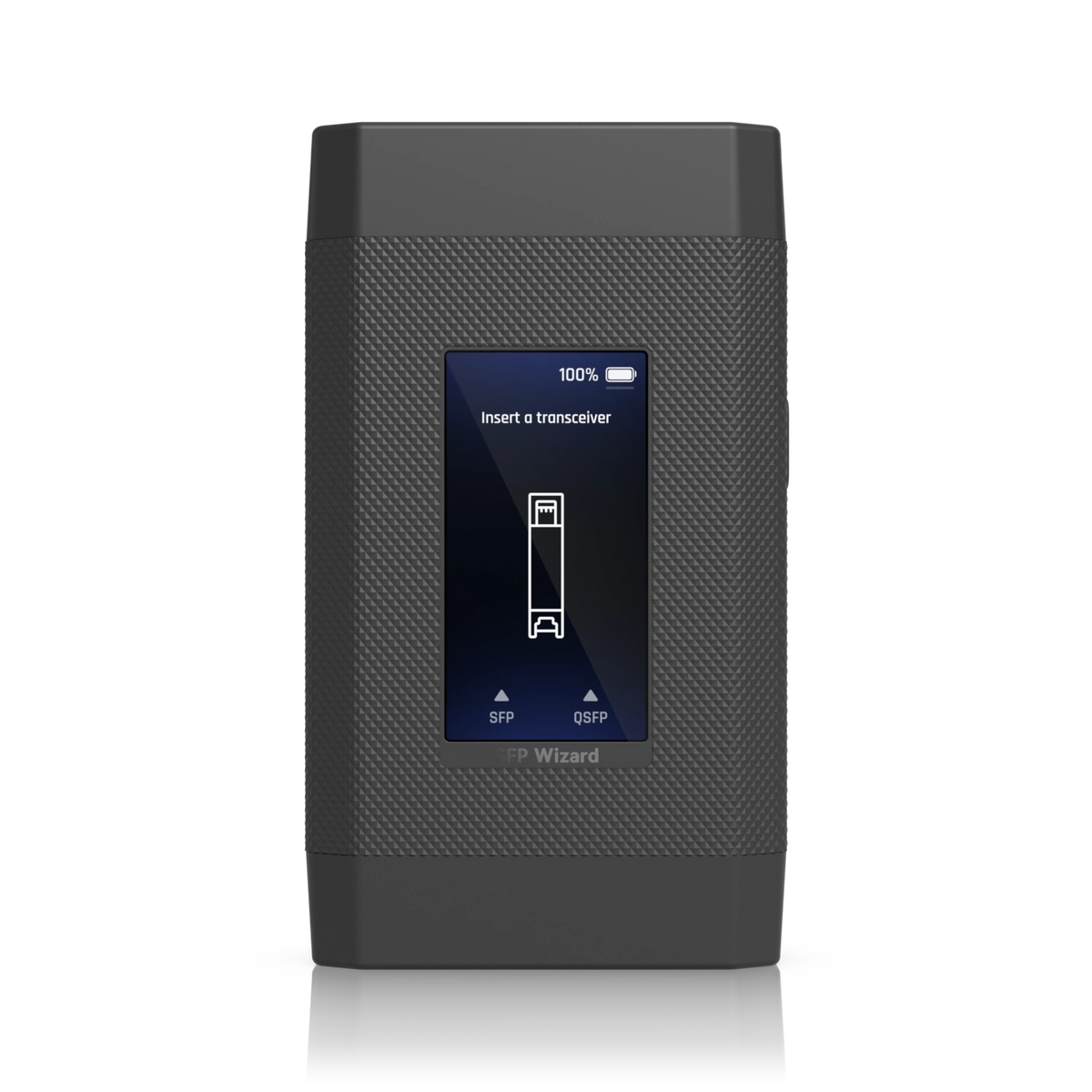 Herramienta de diagnóstico SFP Wizard negra con pantalla táctil vertical mostrando batería al 100% y carcasa texturizada