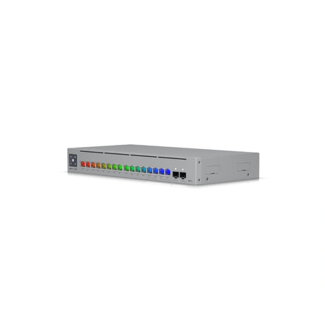 Perspectiva angular del panel frontal donde los indicadores LED muestran un gradiente vibrante de colores para visualizar el