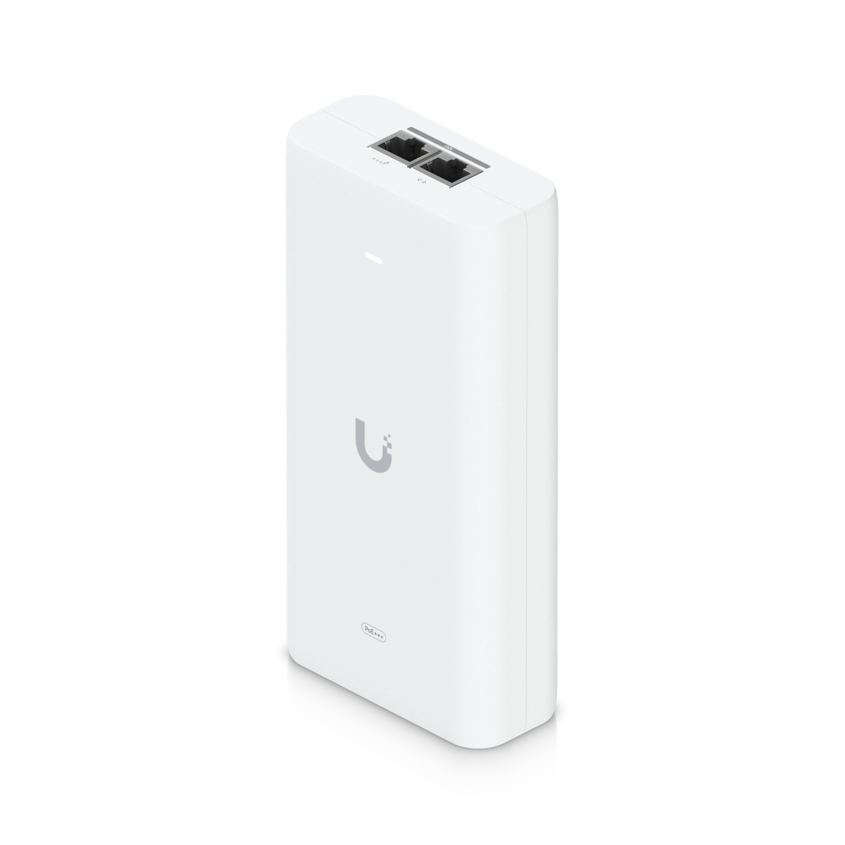 Inyector PoE blanco Ubiquiti con dos puertos RJ45 negros y logotipo gris en vista isométrica