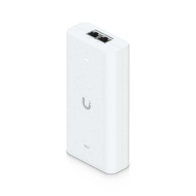 Inyector PoE blanco Ubiquiti con dos puertos RJ45 negros y logotipo gris en vista isométrica