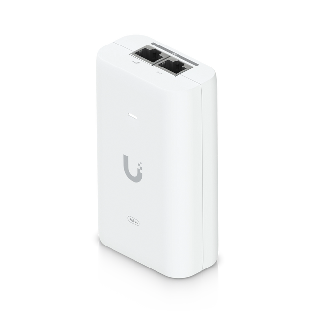 Inyector PoE++ blanco Ubiquiti con puertos RJ45 negros y logotipo gris