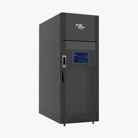 Gabinete gris oscuro de micro datacenter con pantalla táctil central y panel perforado inferior