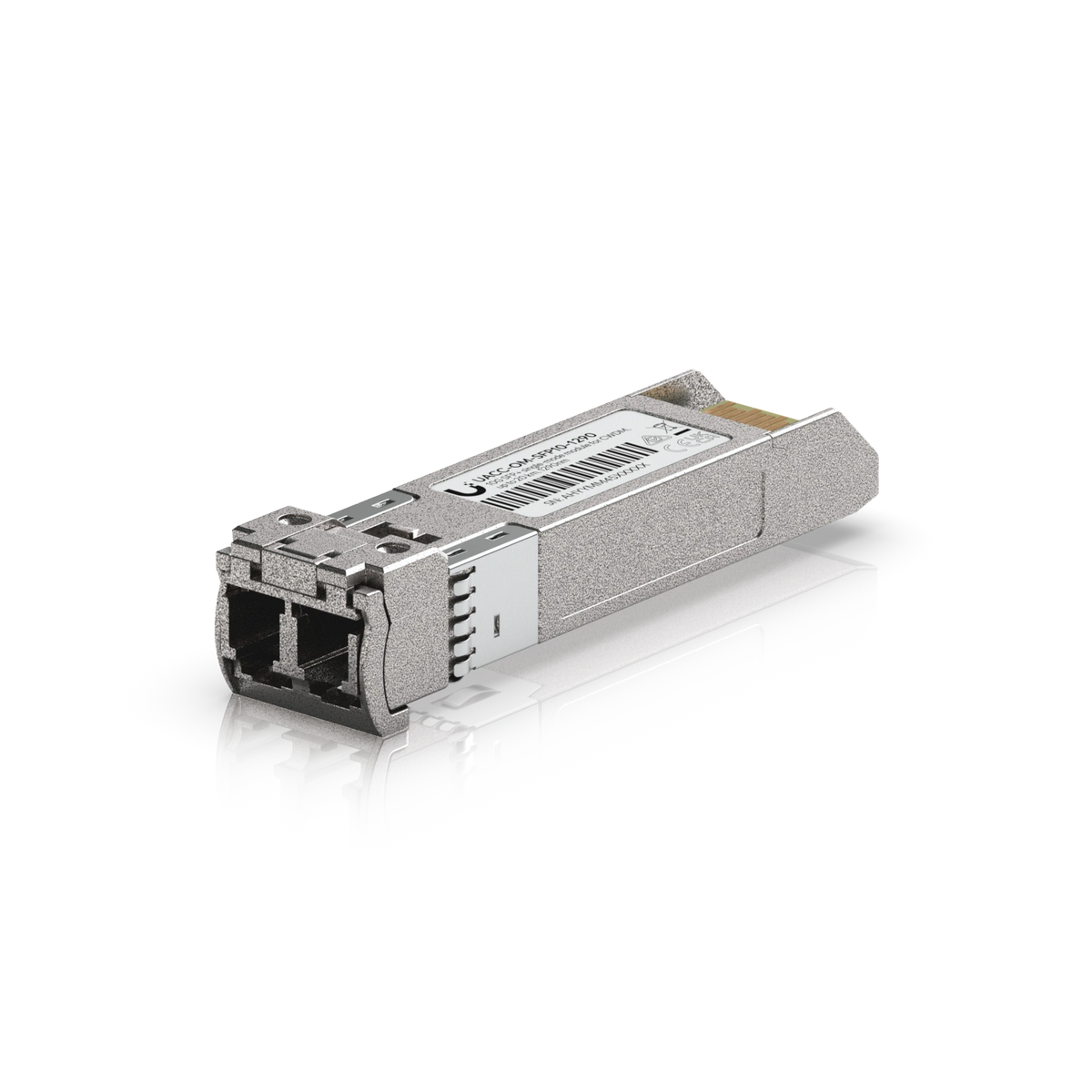 Módulo SFP+ plateado con conectores LC dobles y etiqueta blanca en carcasa metálica